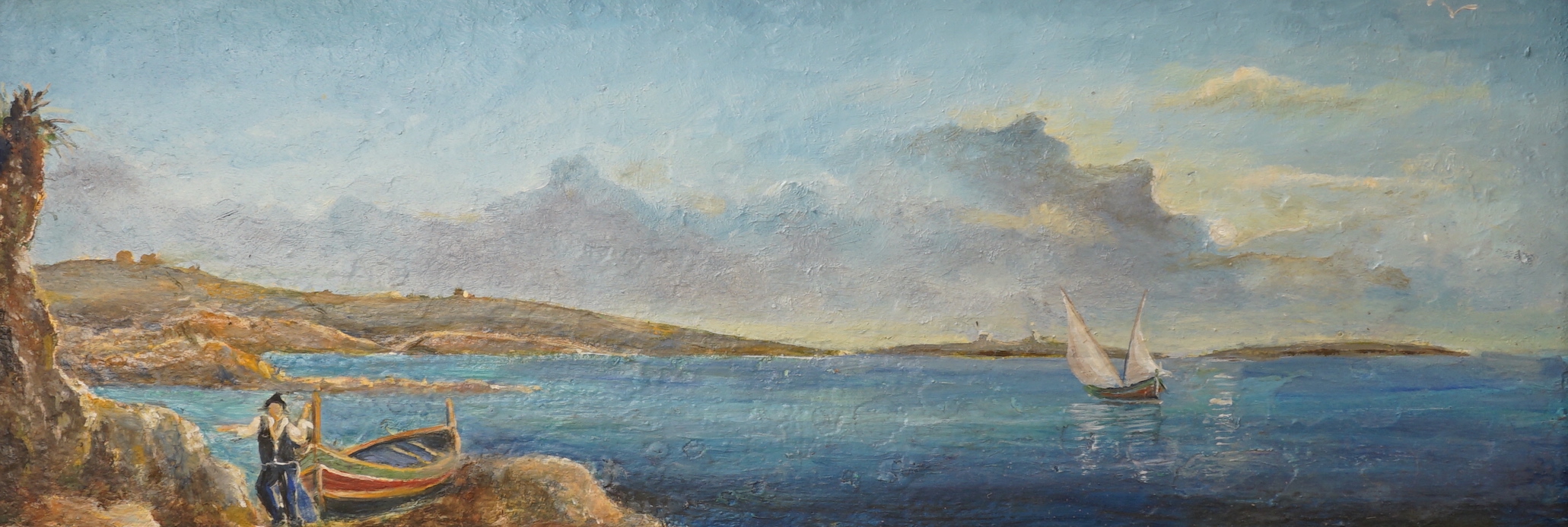 Maltese School, oil on board, Panoramic view of St. Paul's Bay, Malta, 37 x 14cm